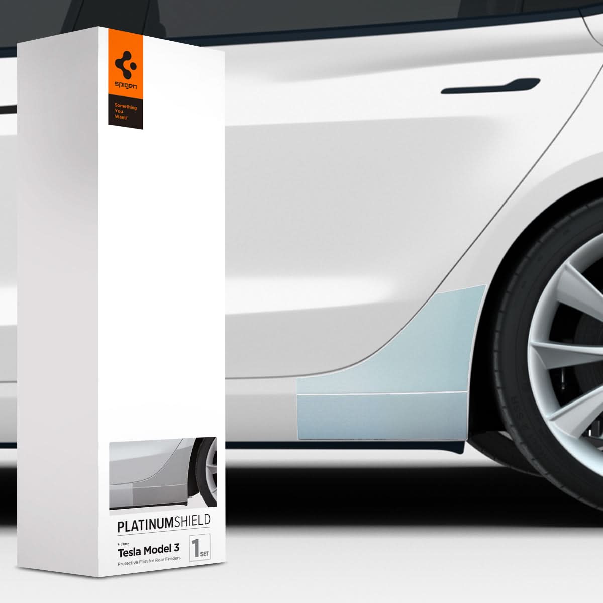 AFL06195 - Tesla Model 3 Platinum Shield Fender showing the shield installed on car fender and packaging