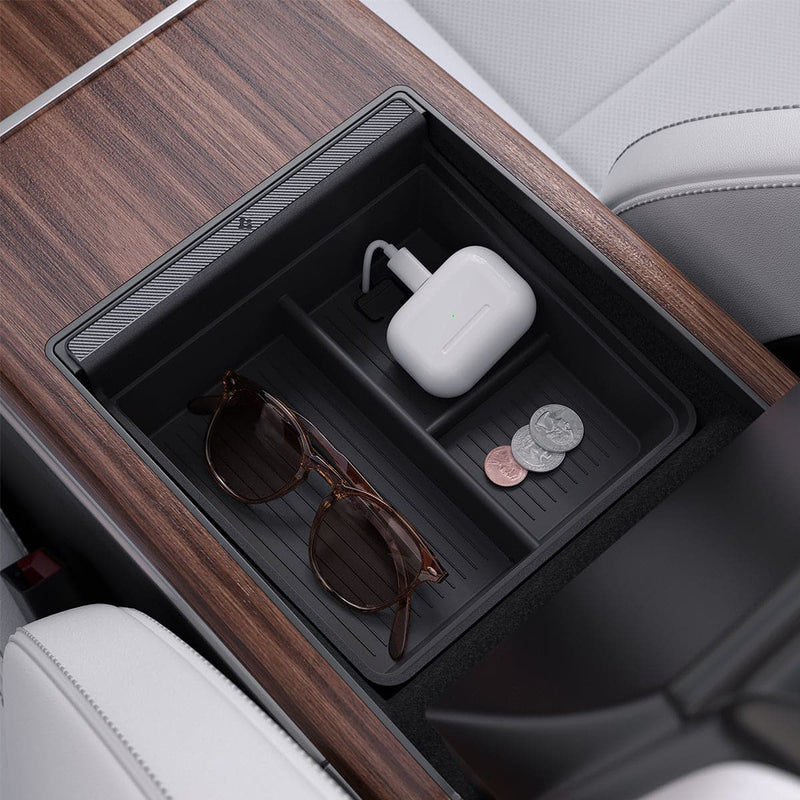 ACP06952 - Tesla Model S & X Center Console Organizer Tray in black showing the center console organizer tray installed inside of car with sunglasses, airpods and coins in slot