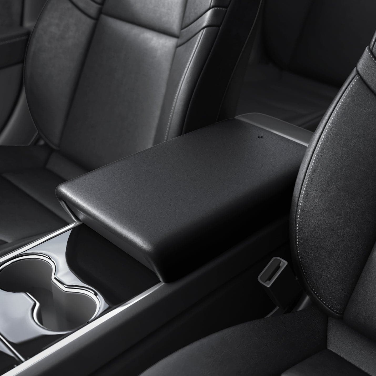 ACP06042 - Tesla Model 3 & Y Armrest Cover in black showing the cover installed onto armrest inside of car