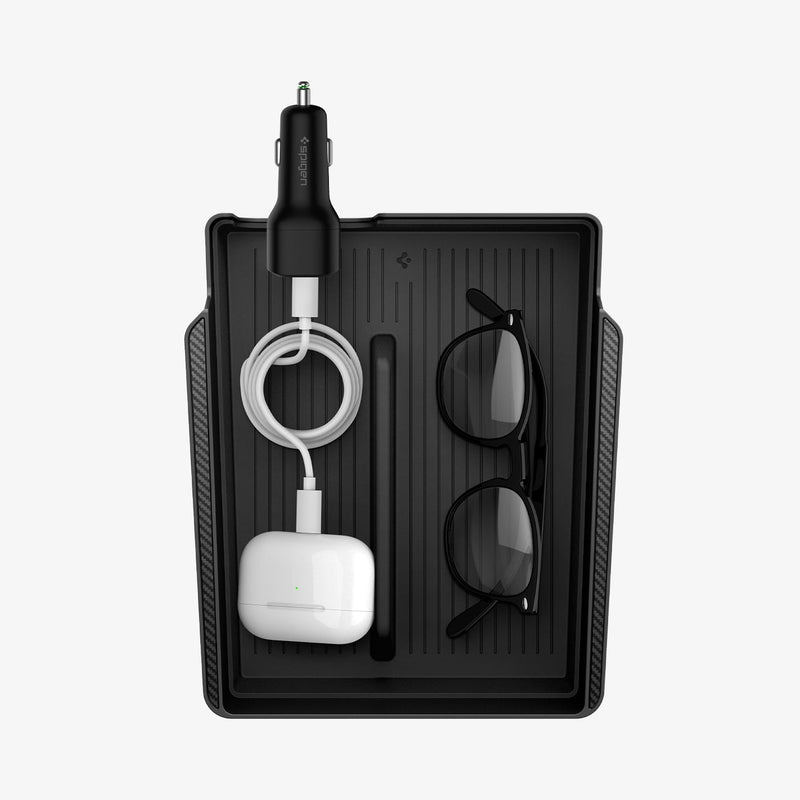ACP06258 - Tesla Model 3 & Y Armrest Console Organizer in black showing the top view with airpods and sunglasses inside