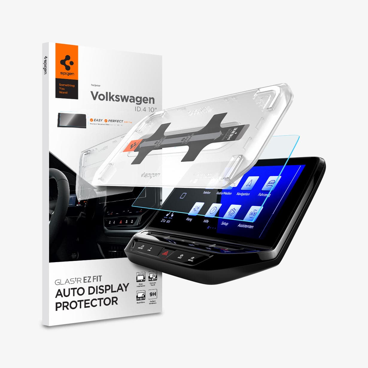AGL04045 - Volkswagen ID.4 10" Screen Protector EZ FIT GLAS.tR Anti-Glare showing the touch screen display, screen protector, ez fit tray and packaging