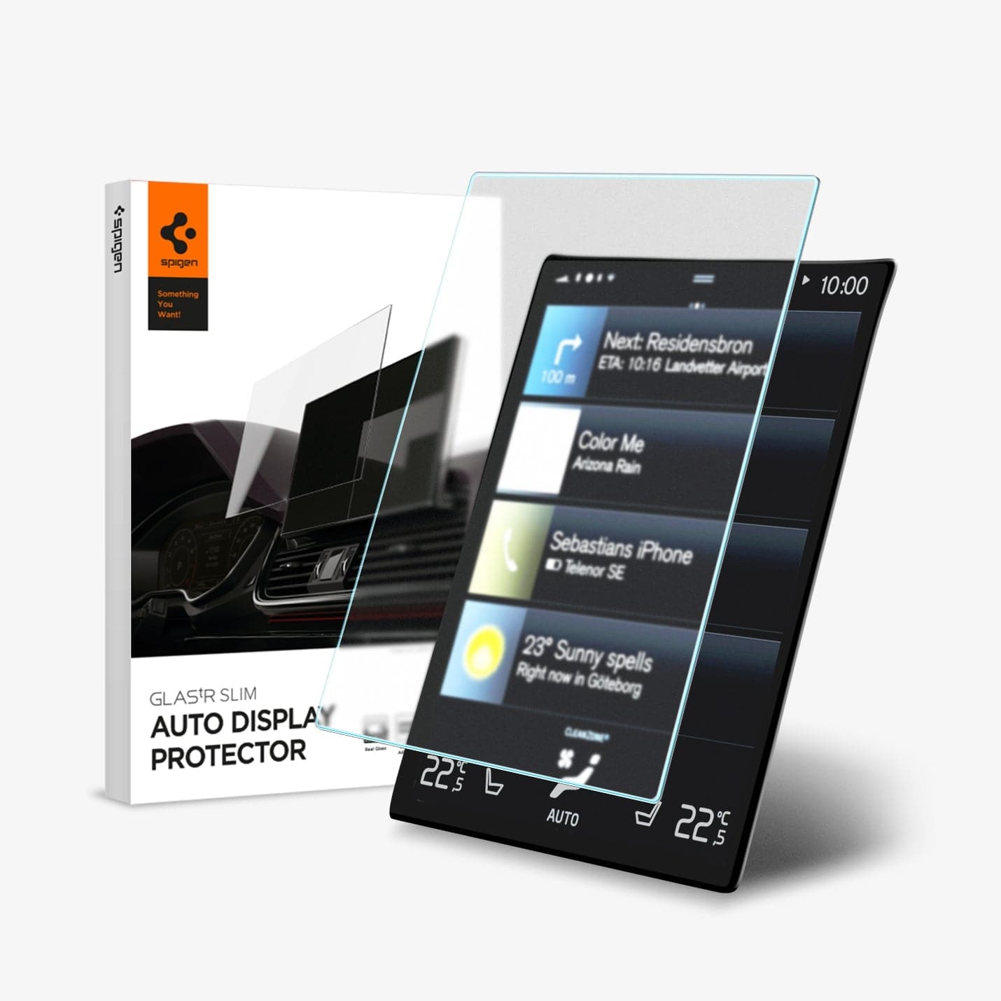 AGL04119 - Volvo 8.7" Screen Protector GLAS.tR SLIM Anti-Glare showing the touch screen display, screen protector and packaging
