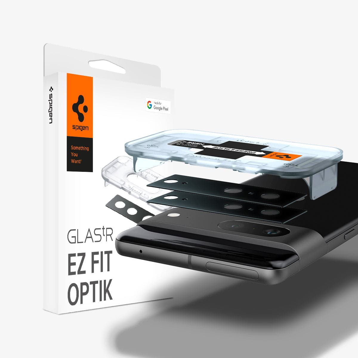 AGL05471 - Pixel 7 Optik Lens Protector in black showing the device, two optik lens protectors, ez fit tray and packaging