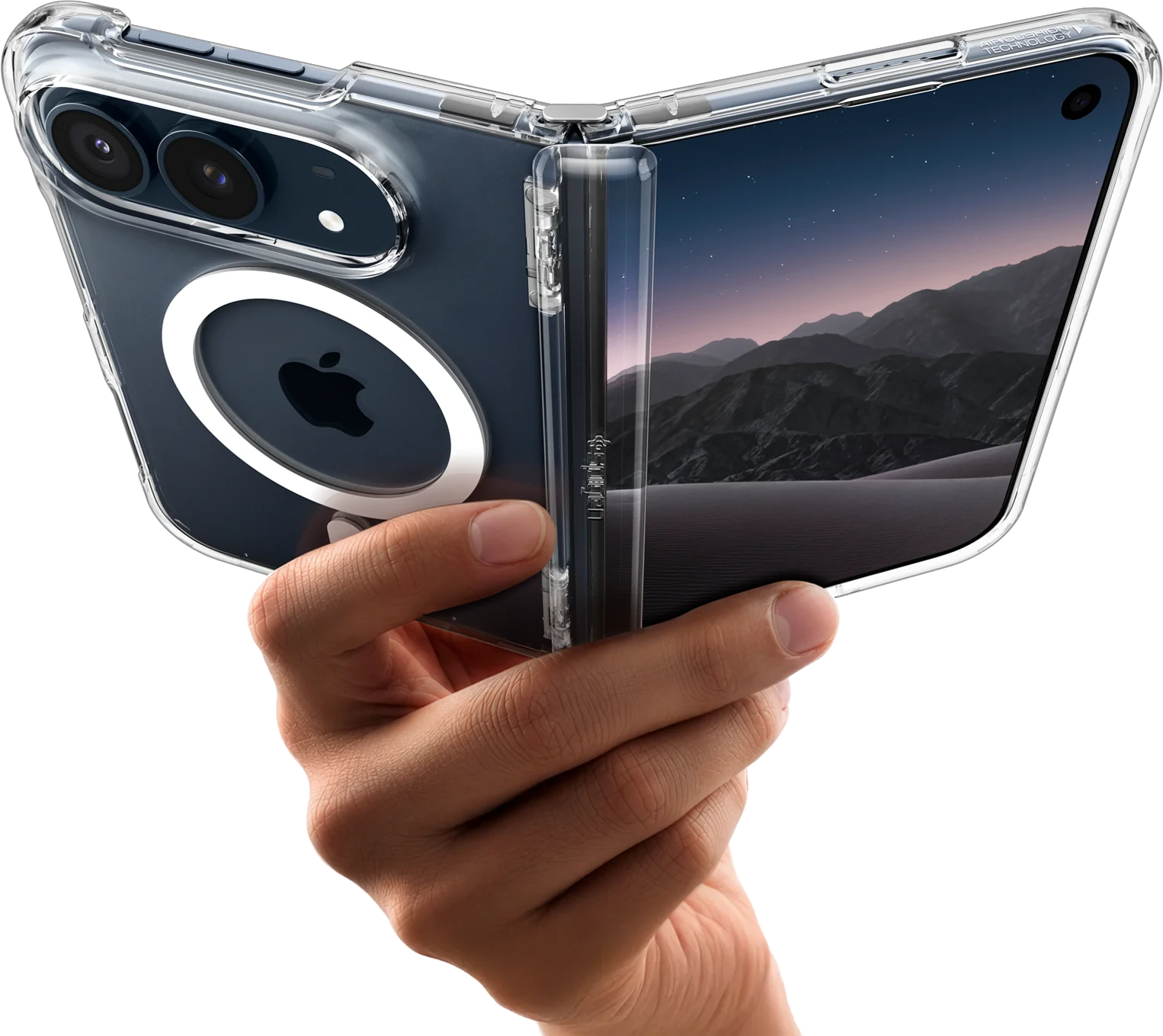 A hand holding iPhone Duo half open in a clear Spigen case, with the camera and MagFit ring on one side and the screen on the other