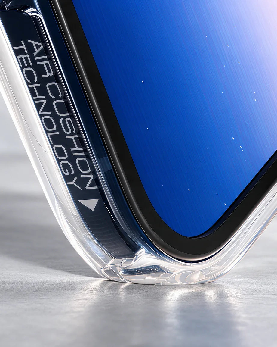 Close-up of the corner of a clear Spigen case on iPhone Duo resting on a stone surface, with “Air Cushion Technology” molded along the edge